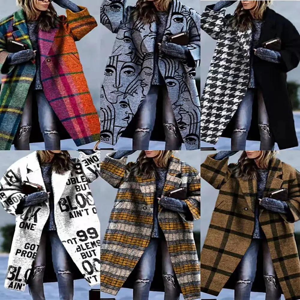 Women's Color Matching Plaid Long-sleeved Coat