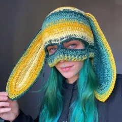 Handmade Knitted Pullover Rabbit Ear Hat Funny One-eye Exposed Mask Horn Hat Thermal And Windproof - Blue And Yellow Gradient - View 1
