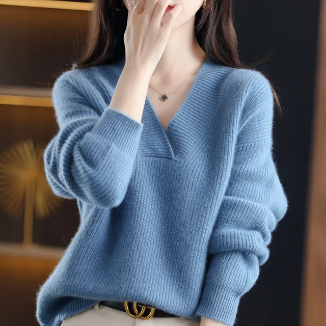 Women's Loose Solid Color And V neck Pullover Thick Sweater Light Blue - Shop at LoveMi