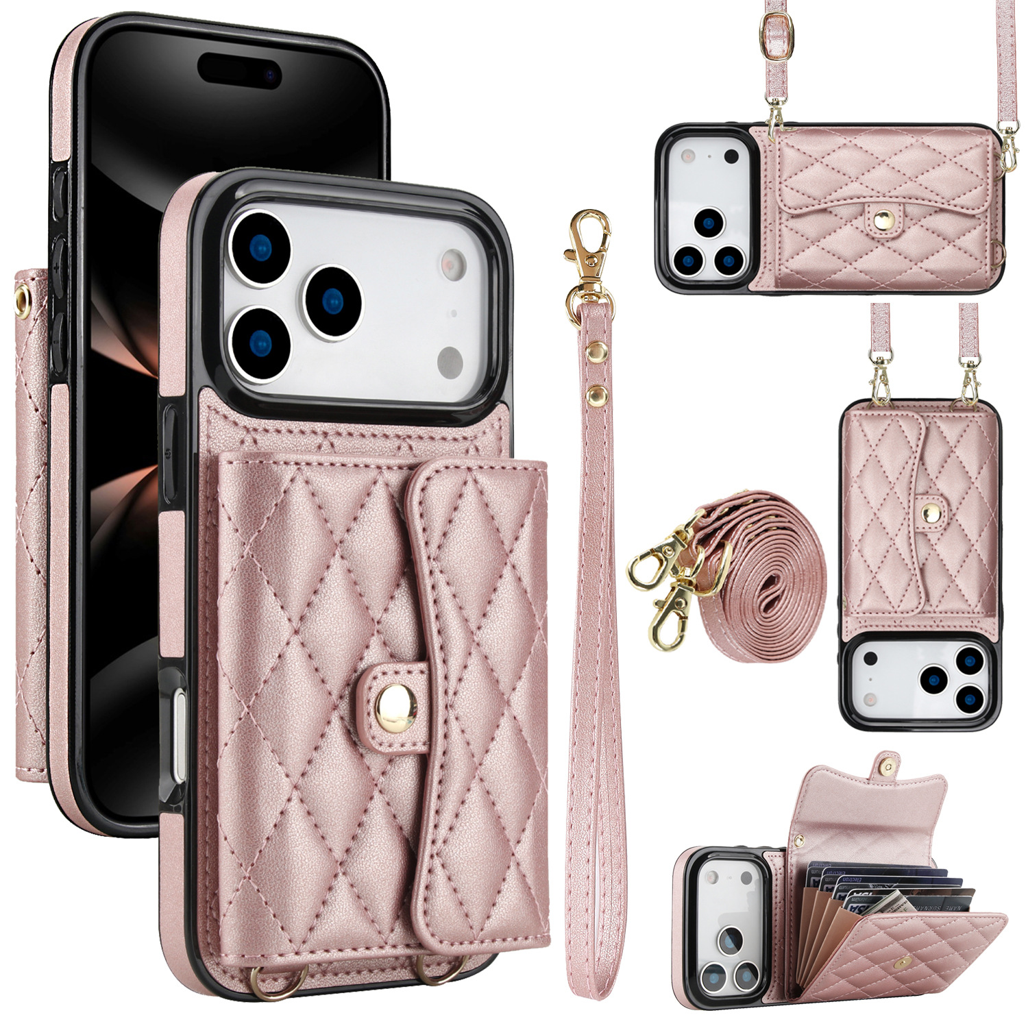Phone Case Protective Leather Cover Crossbody Shoulder Strap Quilted Chanel-style 2