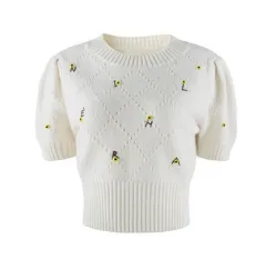 Zhao Lusi Same Style White Puff Sleeve Hollow-out Short Ice Silk Sweater Women's Springsummer Pullover Slimming Top - White - View 1