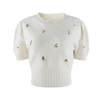 Zhao Lusi Same Style White Puff Sleeve Hollow out Short Ice Silk Sweater Women's Springsummer Pullover Slimming Top White - Shop at LoveMi