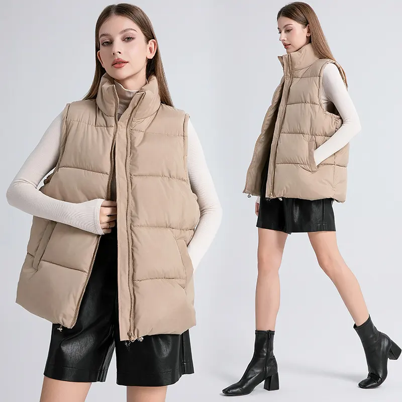 Women's Sleeveless Mid-length Stand-up Collar Thermal Down Cotton Thickened