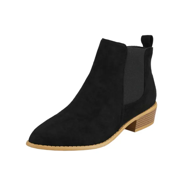 British Solid Color Suede Pointed Square Heel Martin Boots Black - Shop at LoveMi