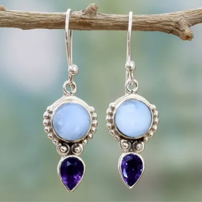 Vintage Thai Silver Moonstone Earrings Exaggerated Water Drop Pear-shaped Amethyst