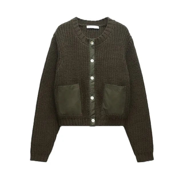 Women's Thick Thread Sweater Cardigan Loose Round Neck Knitted Coat Dark Khaki - Shop at LoveMi