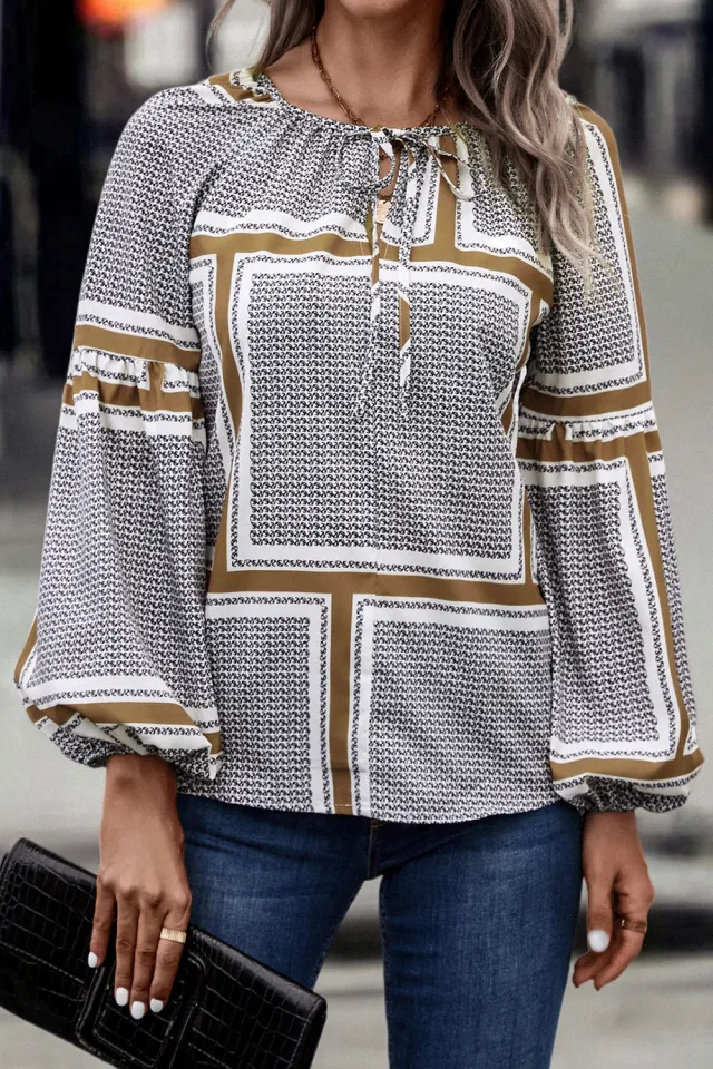 Fashion Lantern Sleeve Printed Shirt Women's Clothing Khaki - Shop at LoveMi