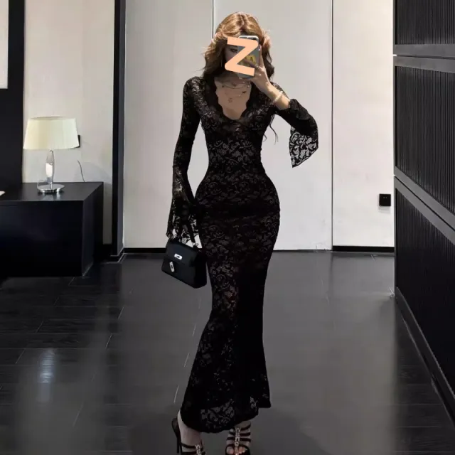 Red V neck Lace Hollow out Long sleeve Dress Black - Shop at LoveMi