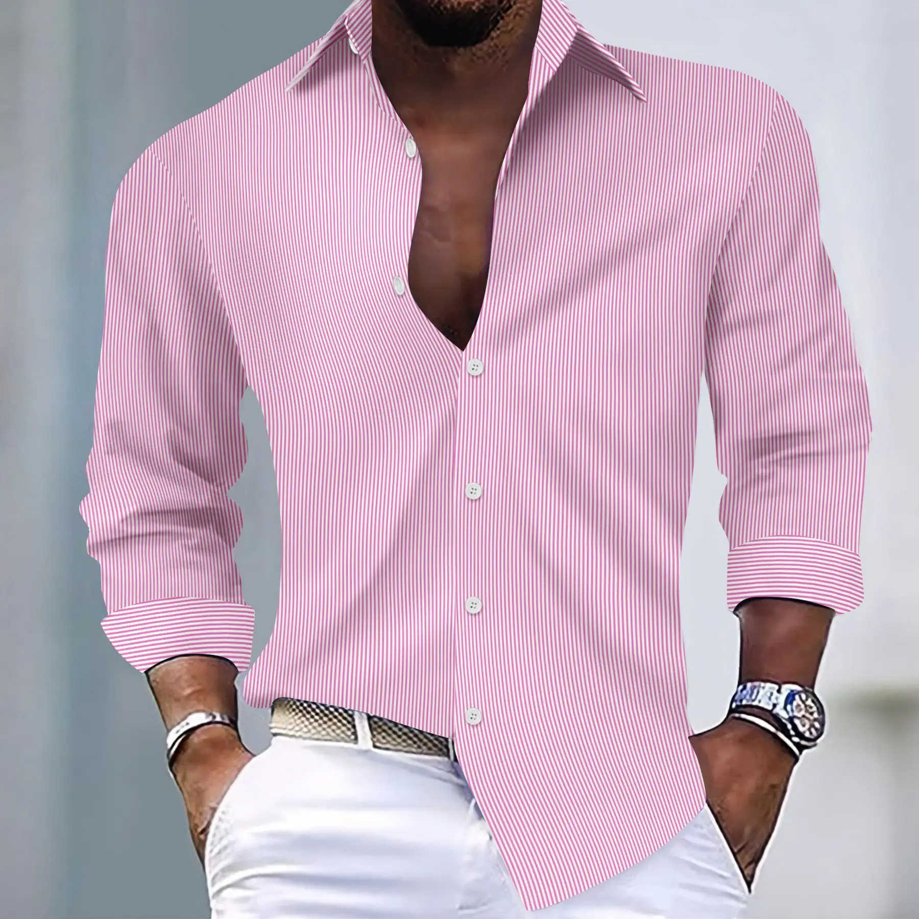 Fashionable Mens Yarn-dyed Striped Casual Long-sleeve Shirt