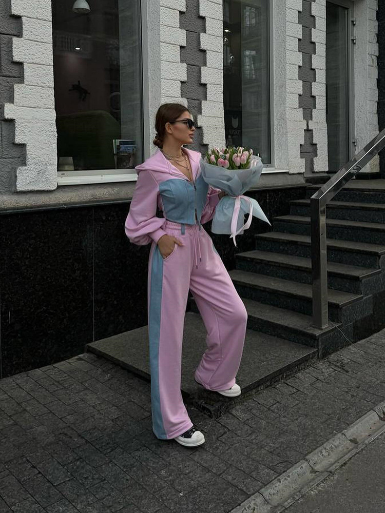 Fashion Casual Sweater Suit Denim Stitching Hooded Top And Trousers Women's Clothing