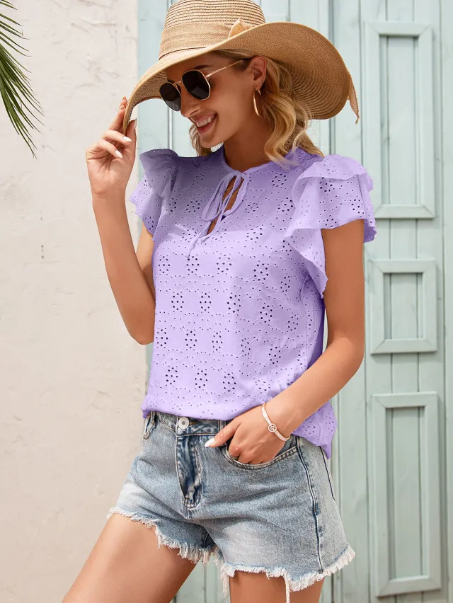 Women's Crocheted Flower Hollow Out Tied Round Neck Ruffle Sleeve T shirt Purple - Shop at LoveMi