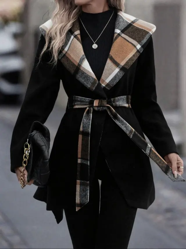 Lace up Plaid Color Matching Wool Mid length Trench Coat For Women Black - Shop at LoveMi
