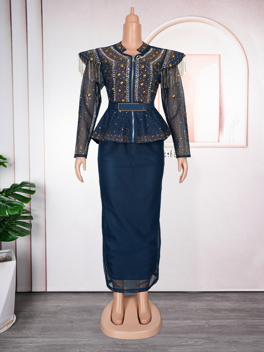 Solid Color Hot Drilling Plus Size Women's Skirt Two piece Set Dark Blue - Shop at LoveMi