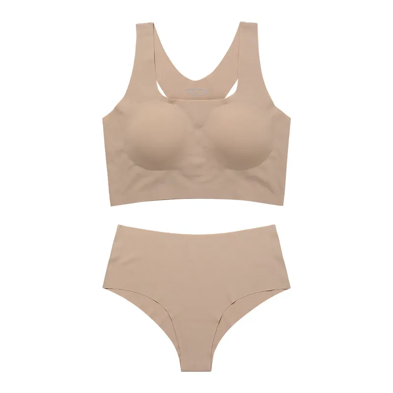 Women's Underwear Suit Plus Size Sports Without Steel Ring Push Up Removable Pad - Milk Apricot