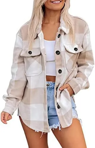 Women's Casual Button Long Sleeve Tops Shirt With Pocket Brownwhite - Shop at LoveMi