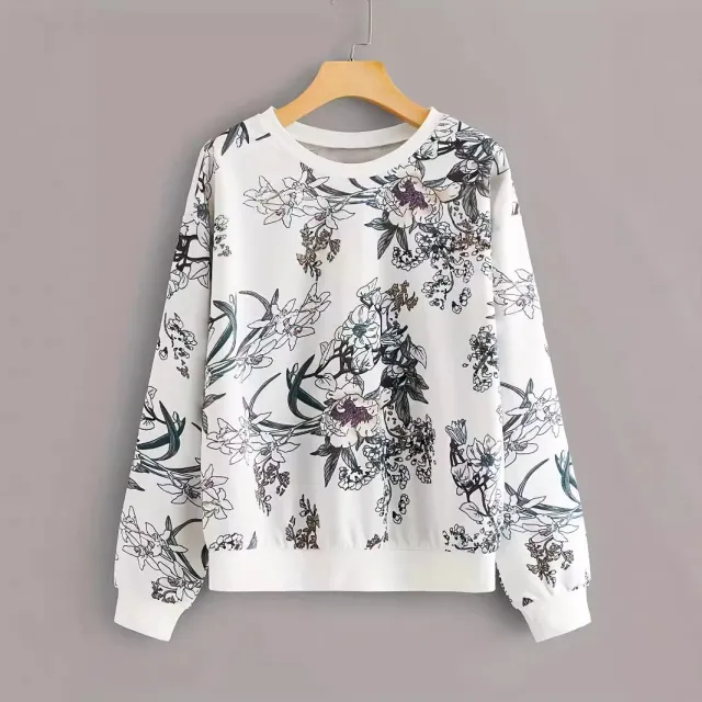 Round Neck Drop shoulder Plant Flower Print Sweater White - Shop at LoveMi