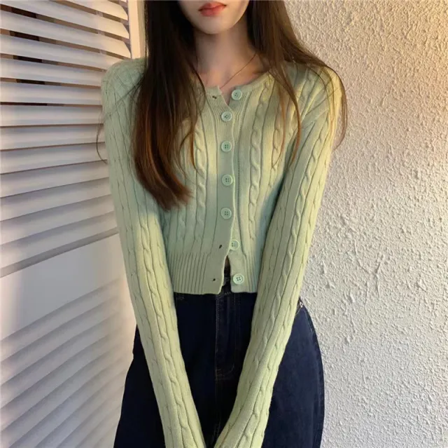 Women's Single breasted Twist Knitted Cardigan Round Neck Sweater Green 2109 - Shop at LoveMi