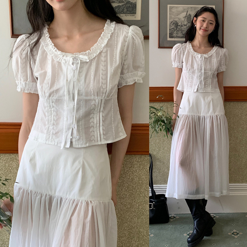 Lace Jacquard Cotton Stripes Craft Bubble Short Sleeve Shirt Top