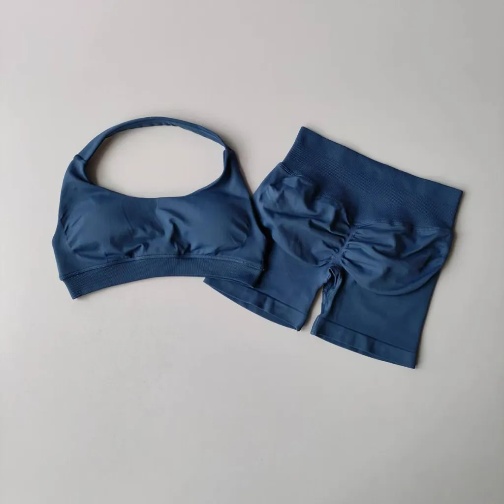 Halter Backless Bra High Waist Peach Sports Shorts Suit - Blue