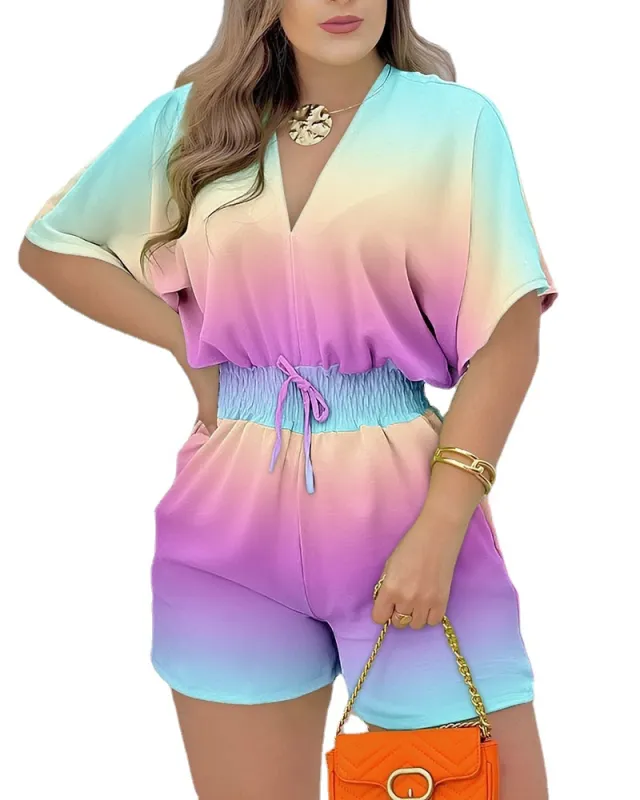 Summer European And American Short sleeved V neck Lace up Jumpsuit Color Gradient - Shop at LoveMi