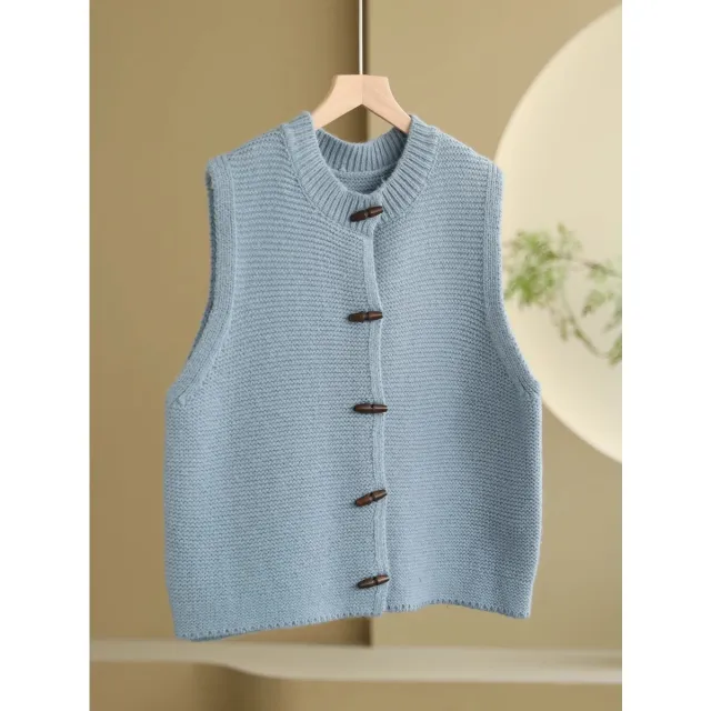 Women's Sleeveless Round Neck Horn Button Top Blue - Shop at LoveMi