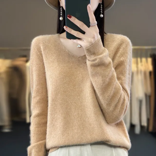 Women's Wool Sweater V neck Autumn And Winter New Solid Color Loose fitting Versatile Wool Loose Bottoming Shirt Golden Camel - Shop at LoveMi