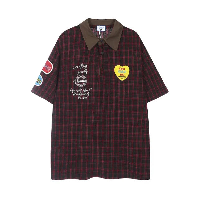 Retro Plaid Colorblock Lapel Short sleeved T shirt Red - Shop at LoveMi