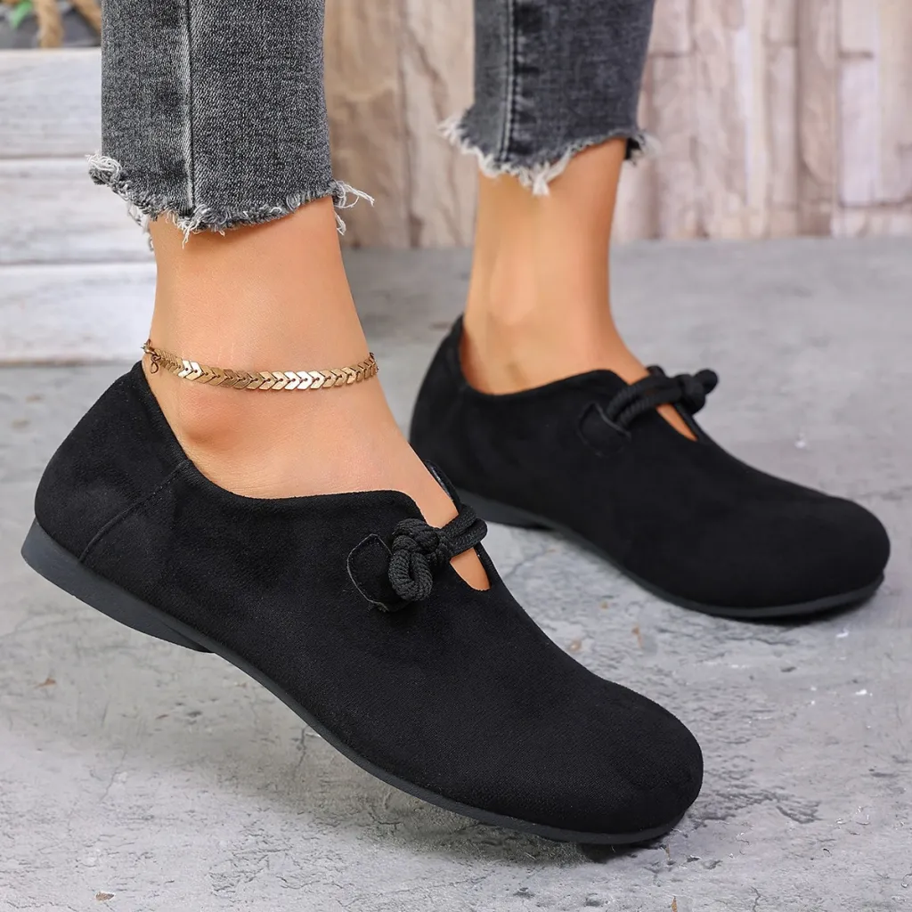 Round Head Slip-on Full-cover Solid Color Flat Shoes - Black