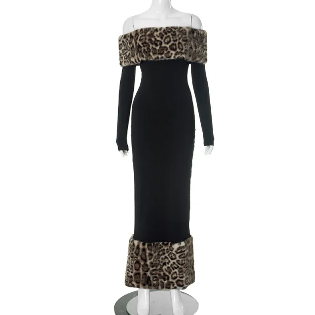 Atmospheric Leopard Print Fur Stitching Off shoulder Dress Leopard - Shop at LoveMi