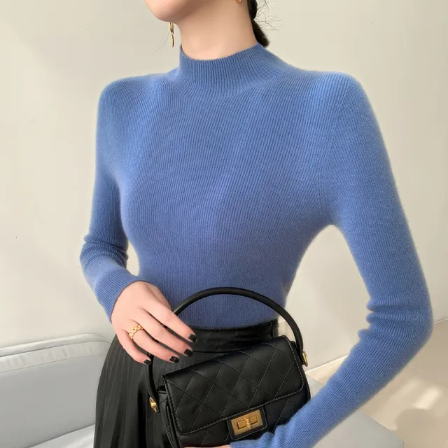 Seamless Half Turtleneck Cashmere Autumn And Winter Simplicity Slim Top Haze Blue - Shop at LoveMi
