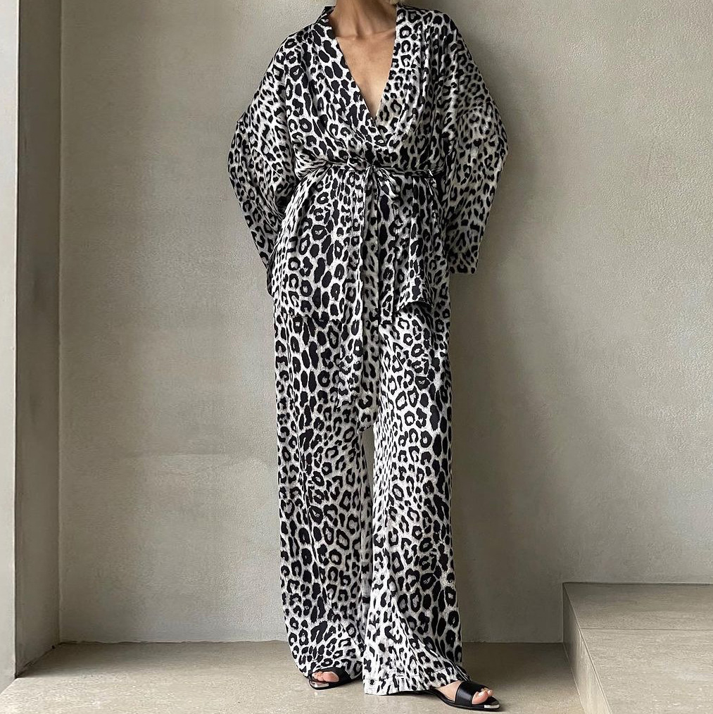 Leopard Print Long-sleeved Trousers Lace-up Suit Fashion New Two-piece Suit Women