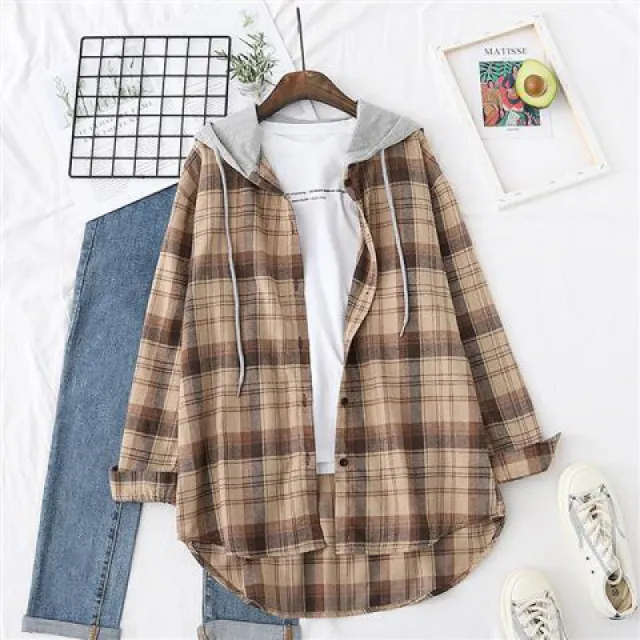 Retro Style Springsummer Autumn Plaid Shirt Women's Loose And Hooded Cardigan Coat Khaki - Shop at LoveMi