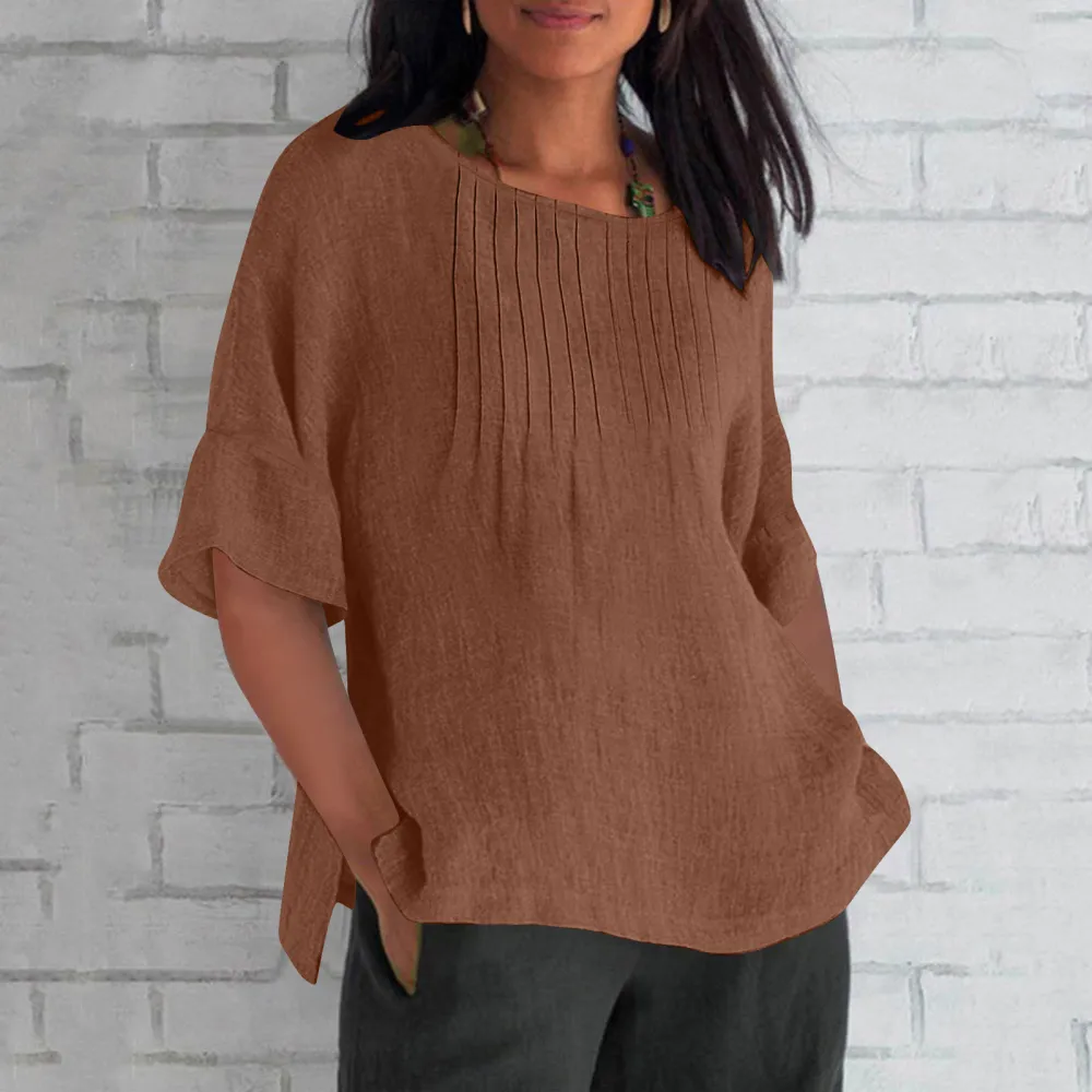 Three-quarter Sleeve Pleated Round Neck Cotton And Linen Shirt Top