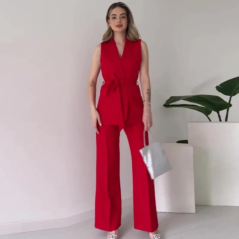 Women's Simple Solid Color Fashion Casual Elegant Outfit - Red