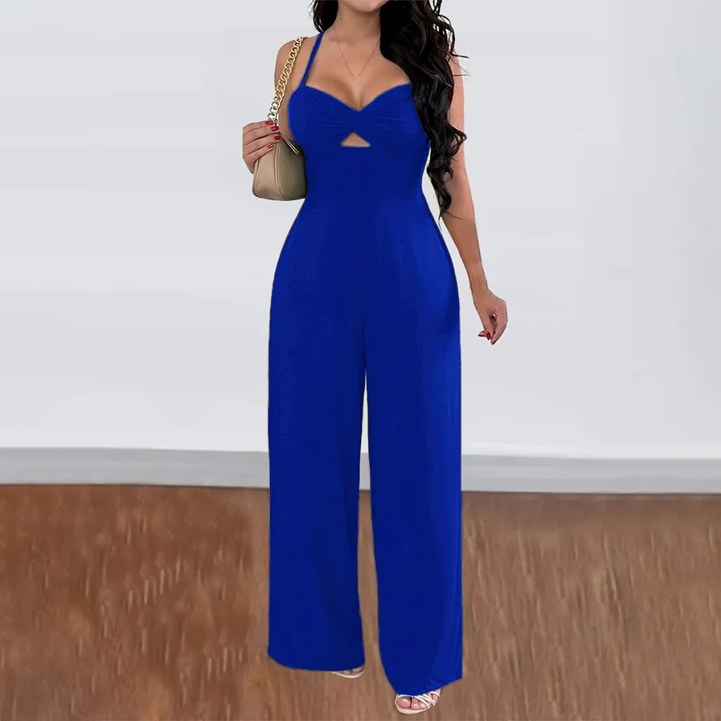 Leisure Vacation Commute Style Solid Color Sling Wide Leg Jumpsuit For Women - Sapphire Blue