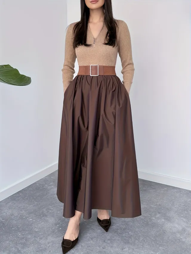 Womens Solid Color V Neck French Style Elegant Long Sleeve Dress Brown - Shop at LoveMi