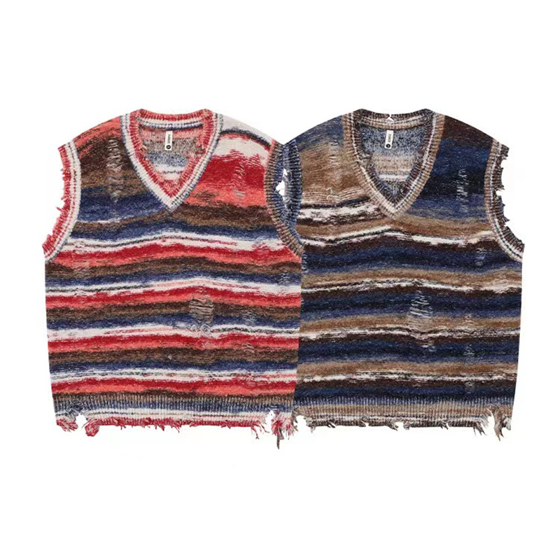Retro Relaxed Color-block Striped Sleeveless Knit Vest