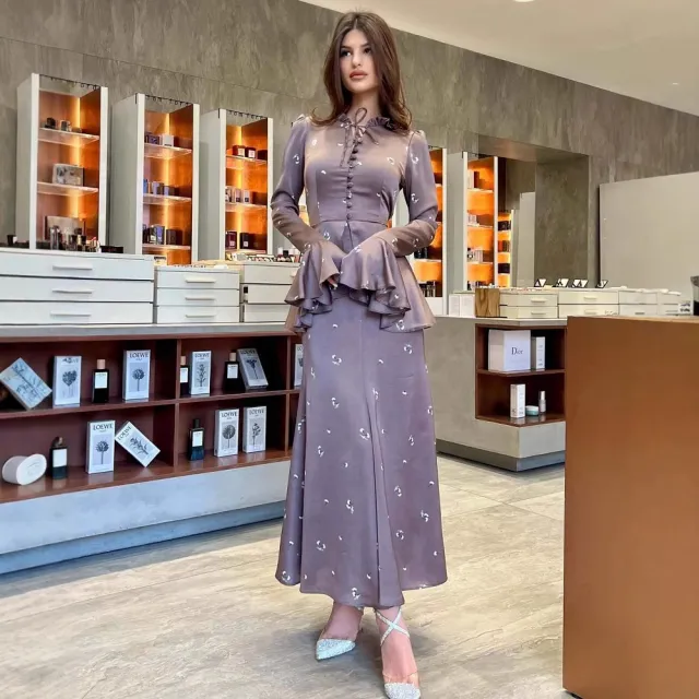 Autumn New Elegant Style Fake Two piece Design Printed Dress Purple - Shop at LoveMi
