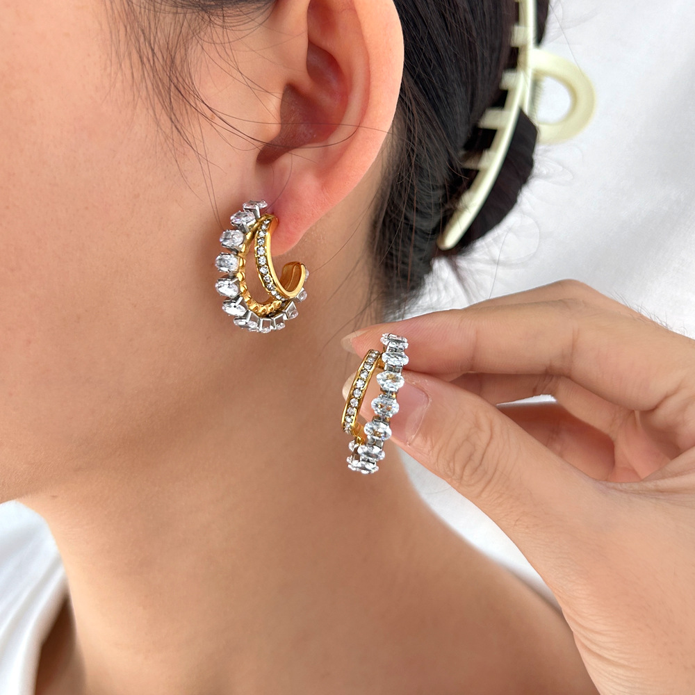 Zircon Mixed Double Layer Earrings Female Design Titanium Steel Earrings