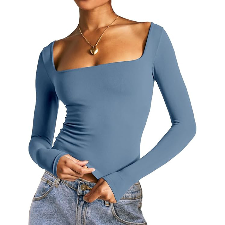Women's milk silk crop top in red – square neck slim fit long sleeve
