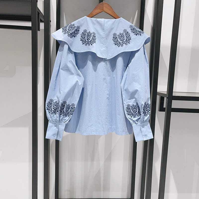 Floral Embroidered Large Lapel Puff Sleeve Girl Blouse