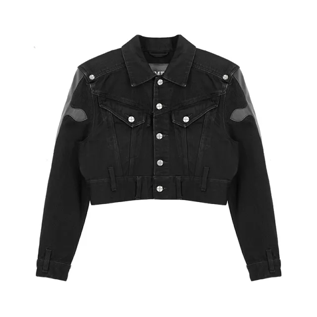 Loose Leisure All matching Leather Patchwork Short Denim Coat Black - Shop at LoveMi