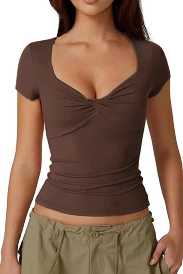 Women's Slim Fit Twisted T shirt Short Sleeved Dark Brown - Shop at LoveMi