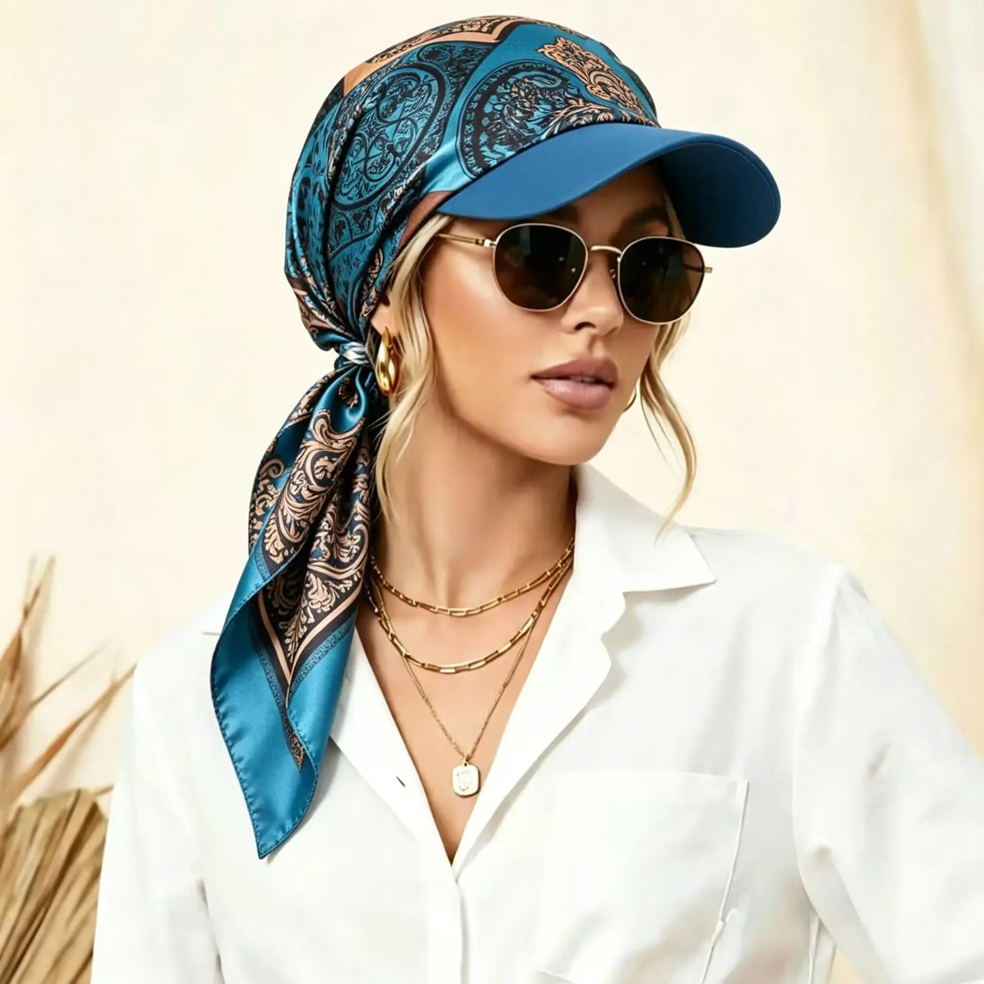 Printed Satin Square Scarf Style Visor Dual-use