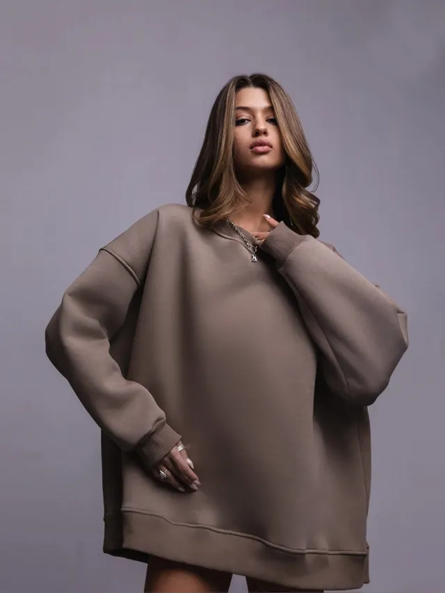New Women's Polar Fleece Brushed Hoody Casual Round Neck Sweater Brown - Shop at LoveMi