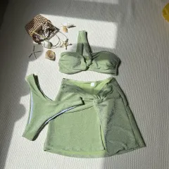 One-shoulder Tube Top Glossy Cloth Three Piece Swimsuit - Green - View 1
