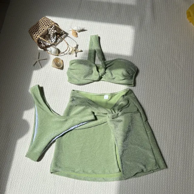 One shoulder Tube Top Glossy Cloth Three Piece Swimsuit Green - Shop at LoveMi