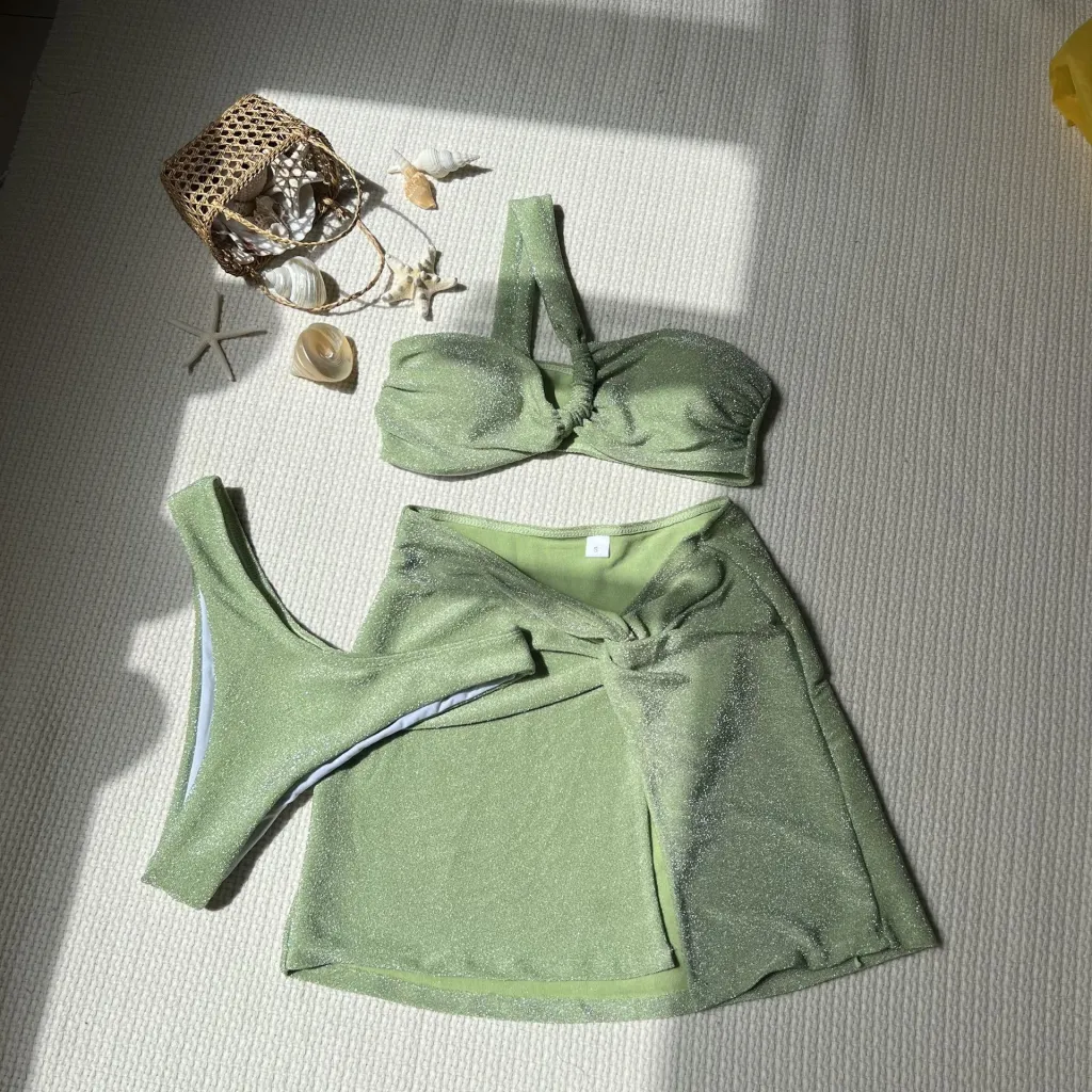 One-shoulder Tube Top Glossy Cloth Three Piece Swimsuit - Green