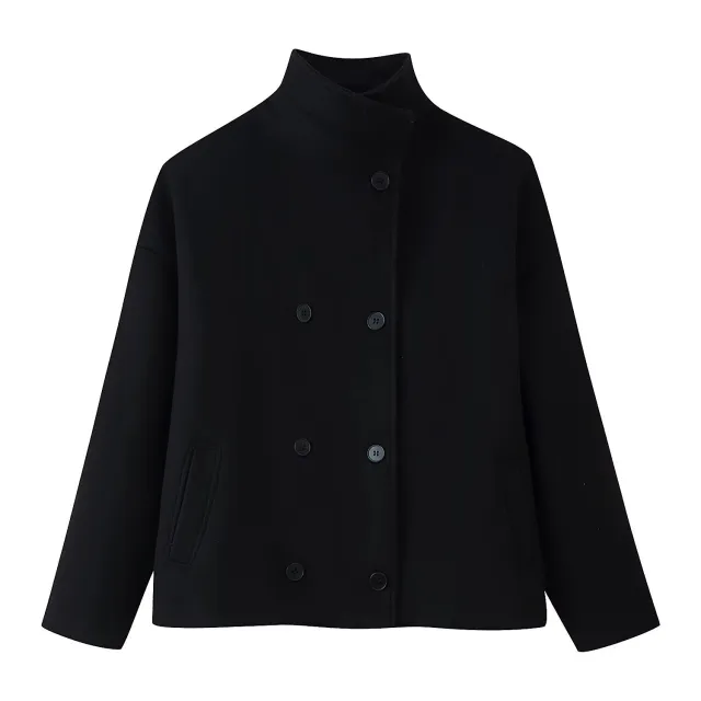 Womens Autumn Fashion Design Short Wool Coat With A Stand Collar And Double Breasted Buttons Black - Shop at LoveMi