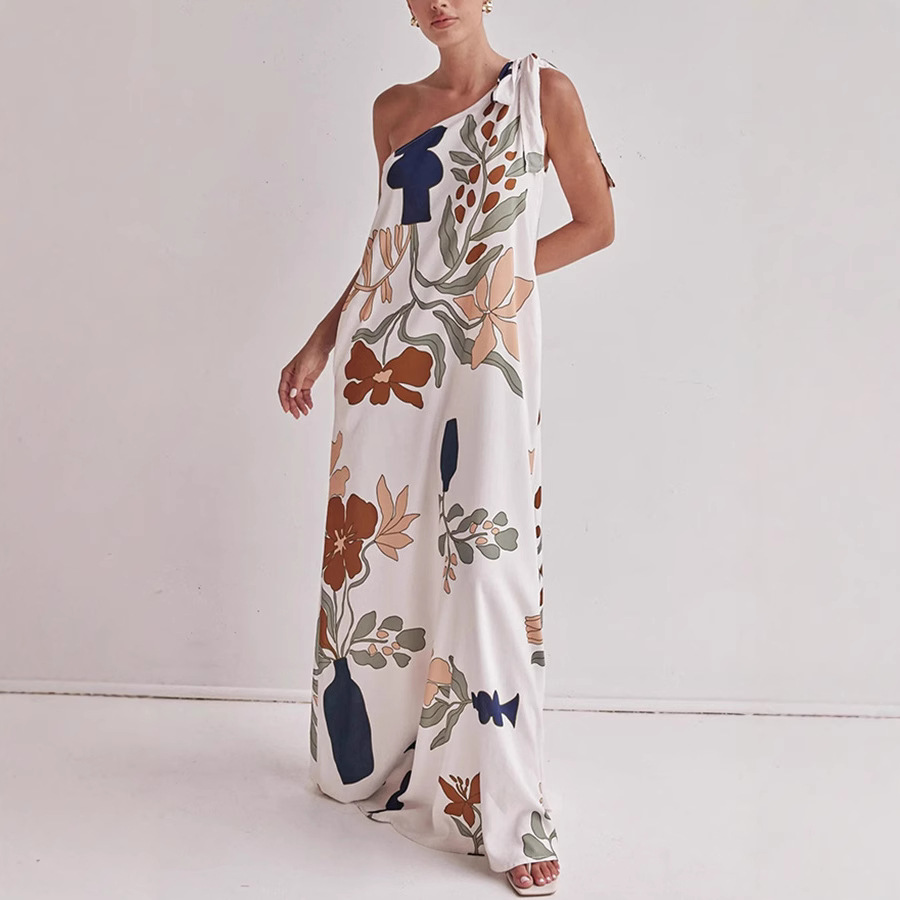 Oblique Shoulder Printed Pocket Dress Loose